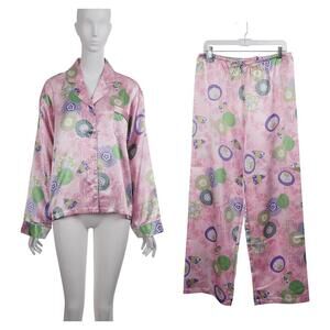 PJ SALVAGE Women 2pc Pajama Set L Pink Satin Novelty Print Button Up Top Pants